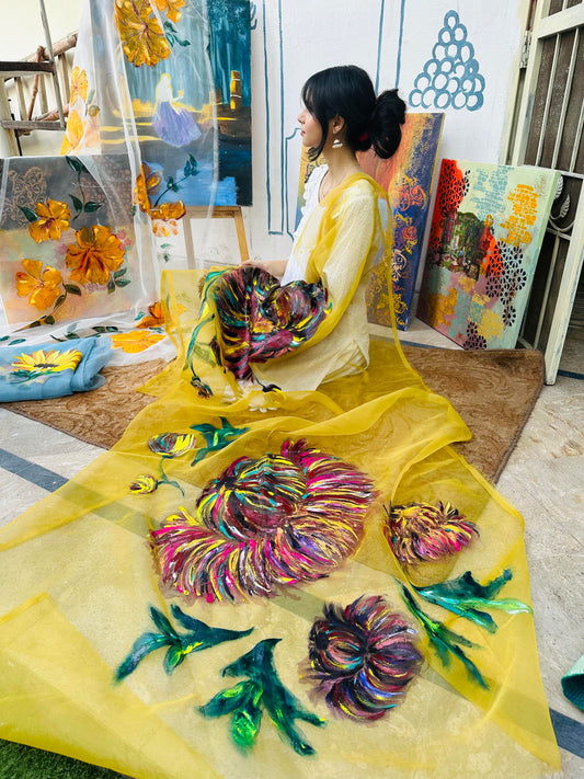 Model wearing The Peony Crown hand painted yellow organza dupatta with bold abstract peony floral artwork