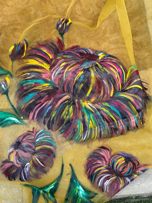 Close view of The Peony Crown hand painted organza dupatta featuring multicolored peony-inspired floral design